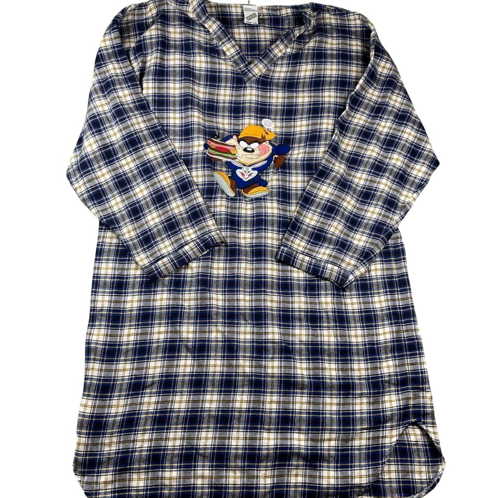 Vintage 1998 Warner Bros Taz Tasmanian Devil Plaid Flannel Shirt Blue L/XL